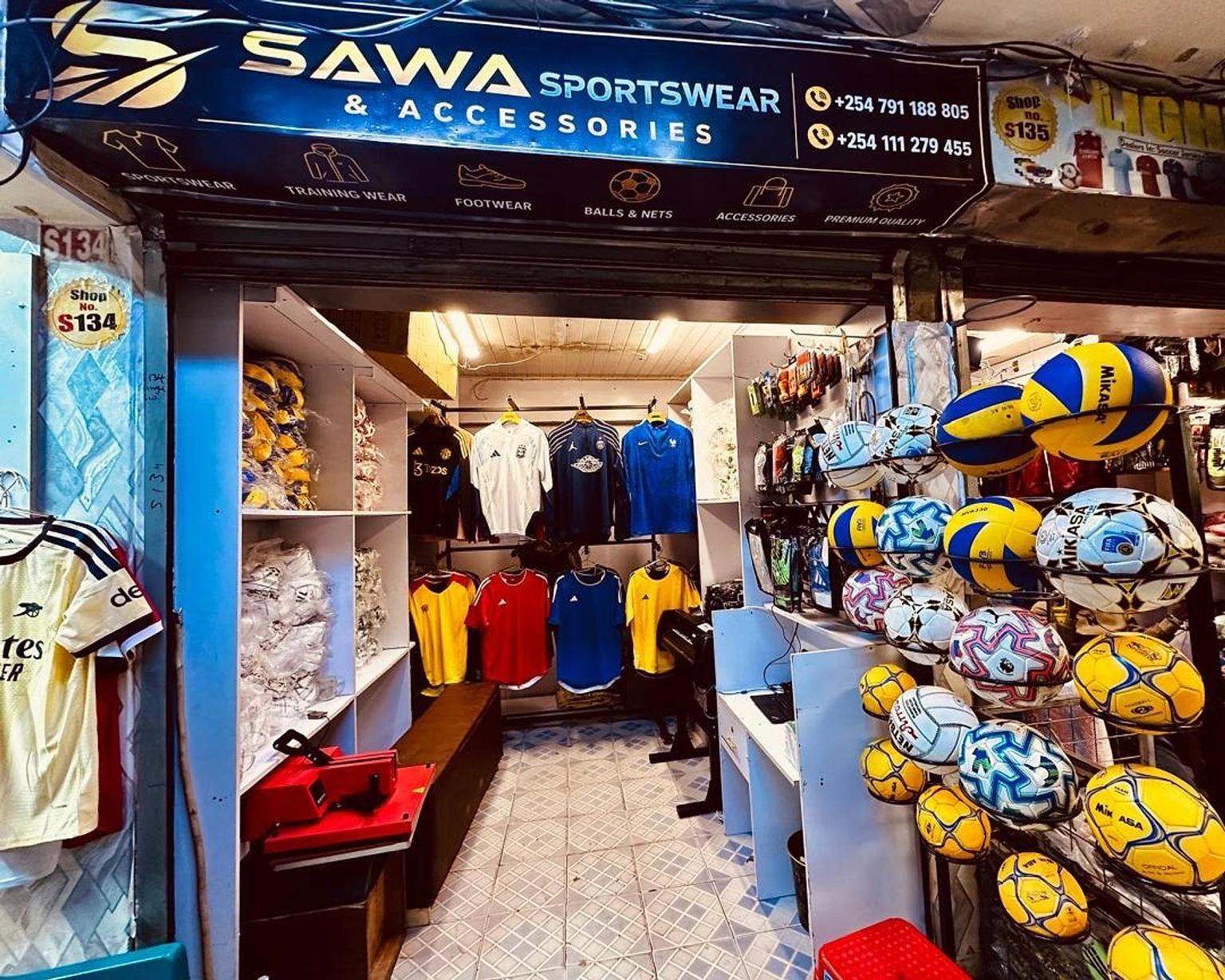 Inside the Sawa Sportswear & Accessories shop in Eastleigh, Nairobi